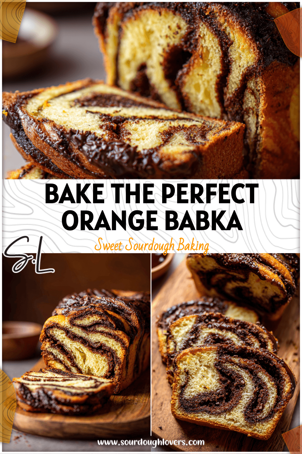 A sliced Chocolate Orange Babka Bread Loaf with glossy chocolate swirls and orange zest on a wooden board.